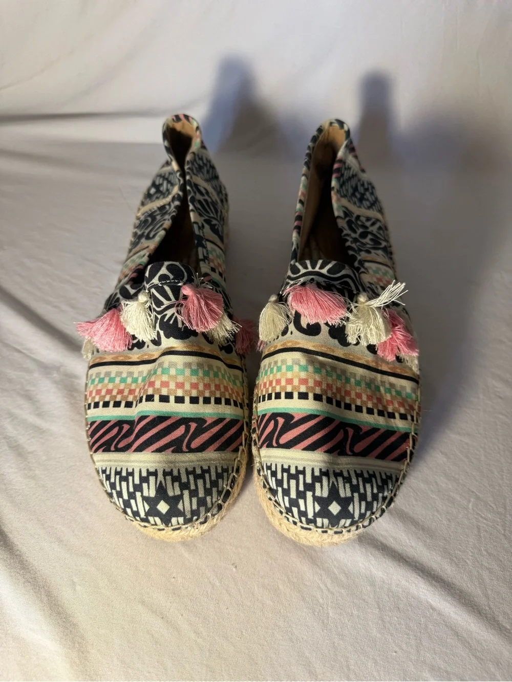 Crown Vintage Multicolor Patterned Espadrille Flats with Pink & Cream Tassels